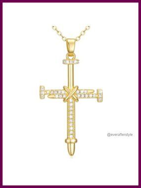 14K Gold Nail Cross Pendant Necklace Women Dainty Christian Jewelry